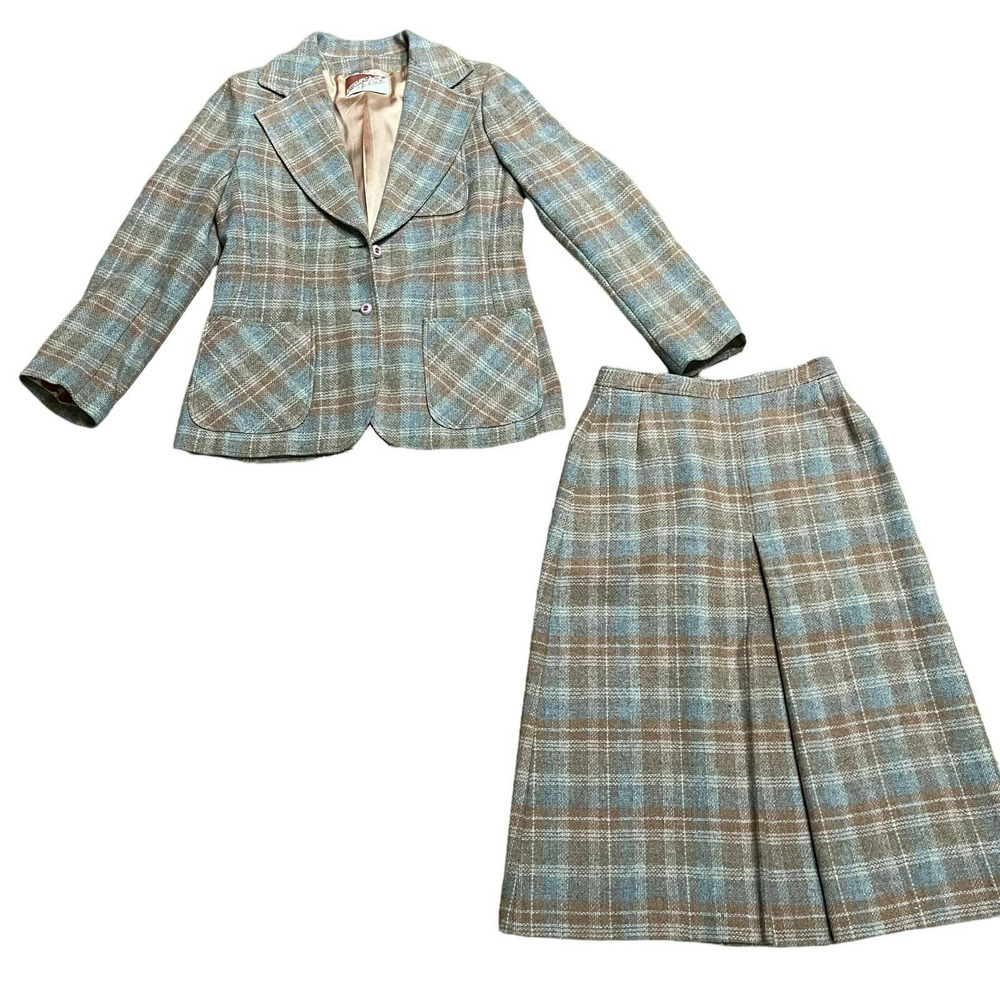 Vtg 1960s Jack Winter Womens School Girl Plaid Two Piece Blazer Skirt Suit S/M